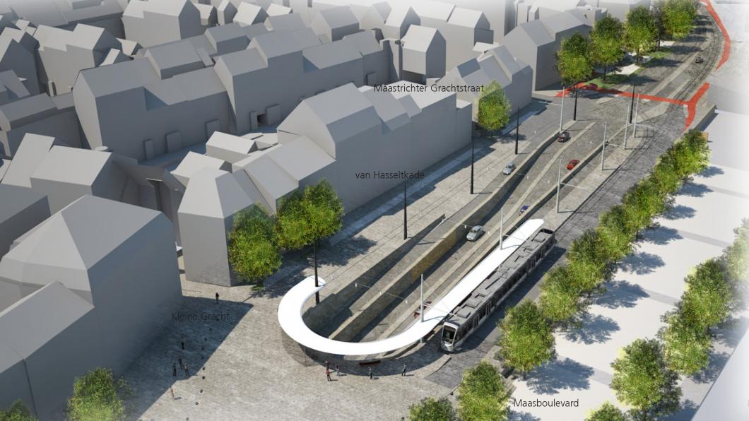 De beoogde eindhalte van de tram aan de Van Hasseltkade (halte Mosae Forum) Tram Vlaanderen Maastricht bij Mosae Forum